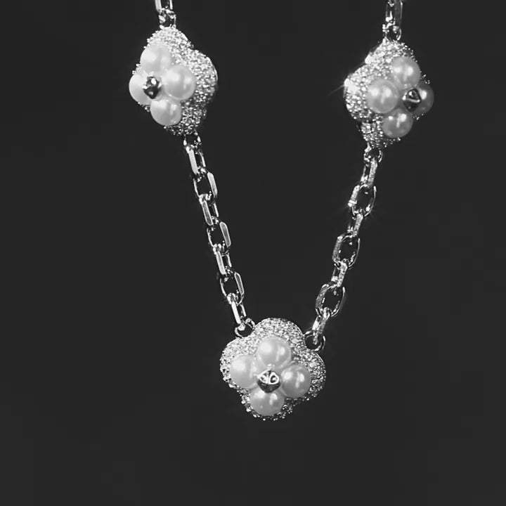 Luxury Iced Out Pearl Four-Leaf Clover Necklace & Bracelet