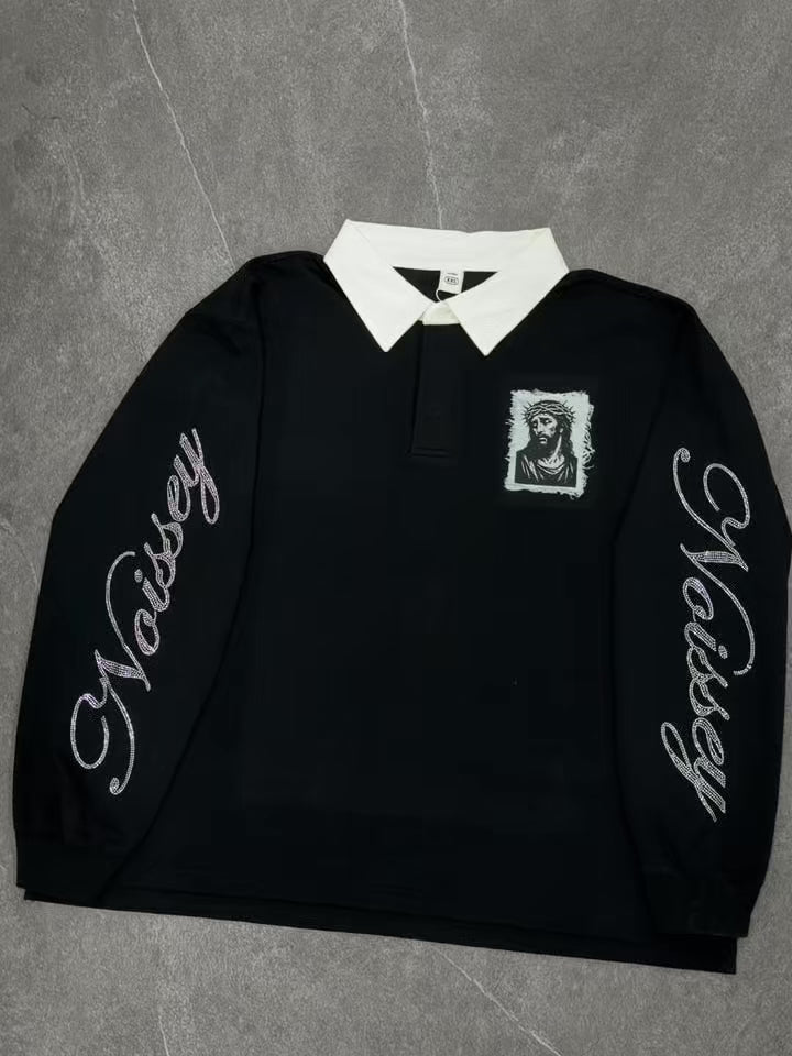 NOISSEY Rhinestone Sleeve & Crown of Thorns Jesus Contrast Collar Polo Sweatshirt - Black  Streetwear Shirt