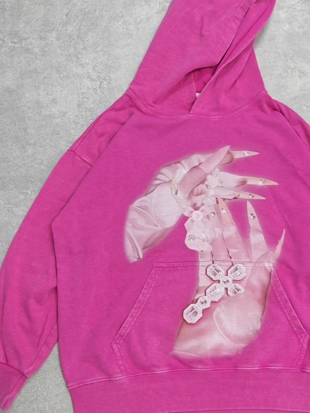 Pink Silver Diamond Glove Print 350g Washed Hoodie