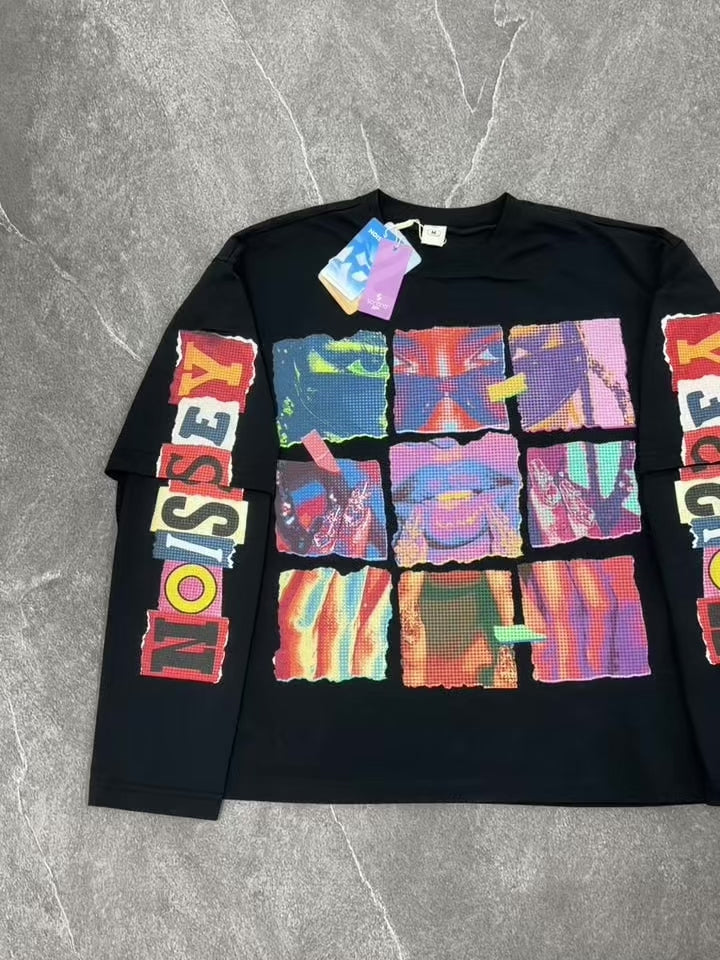 T-shirt NOISSEY a maniche lunghe con ritratto pop art in griglia 3x3 e strati effetto sovrapposto - Nero