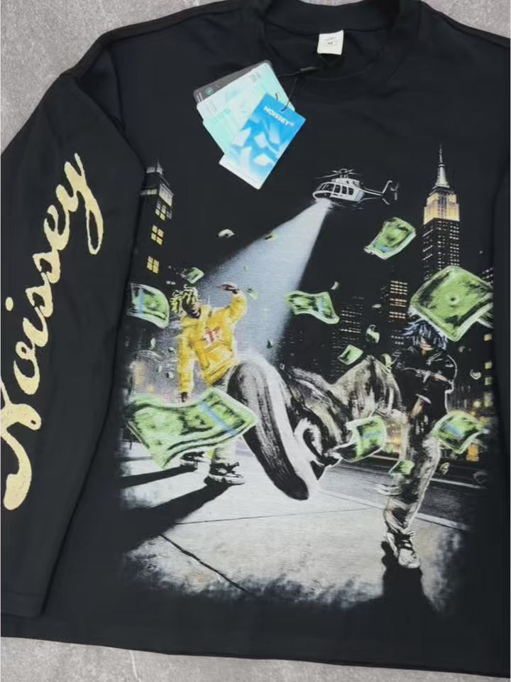 NOISSEY New York Night Heli-Cash Graphic Art Little Oversized Long Sleeve Shirt - Onyx Black