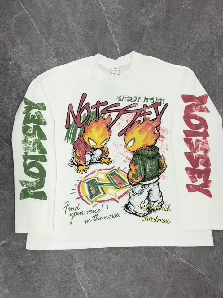 NOISSEY "Twin Flames" Boxy Heavyweight Graffiti Art L/S Tee - Vintage White
