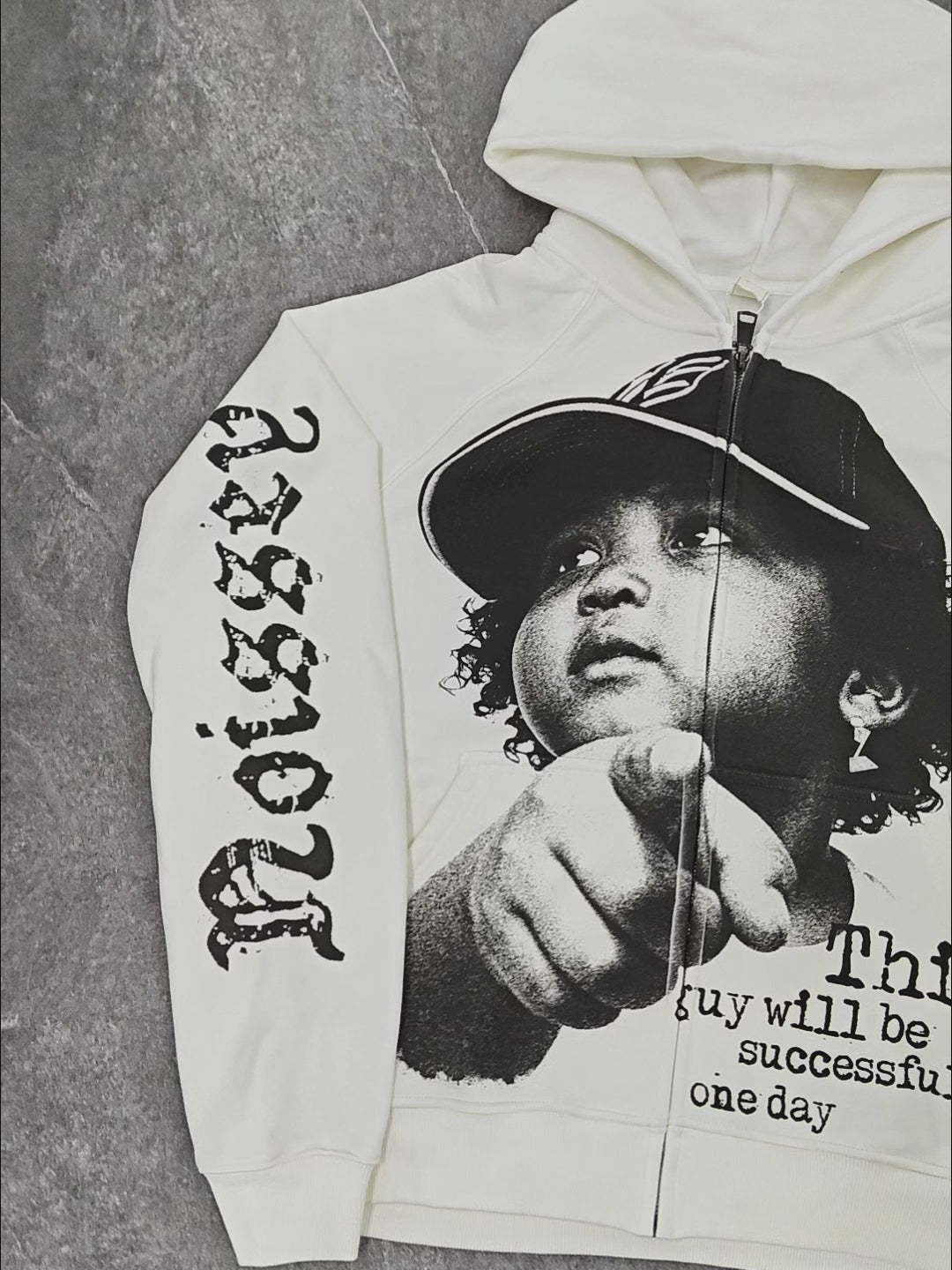 NOISSEY "Future Success" Monochrome Child Portrait White Full-Zip Hoodie