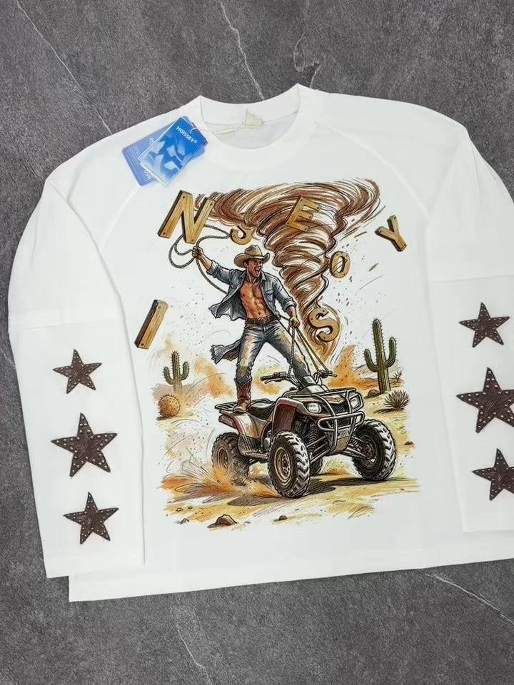 NOISSEY Western Cowboy ATV Desert Tornado Faux Layer Long Sleeve Tee