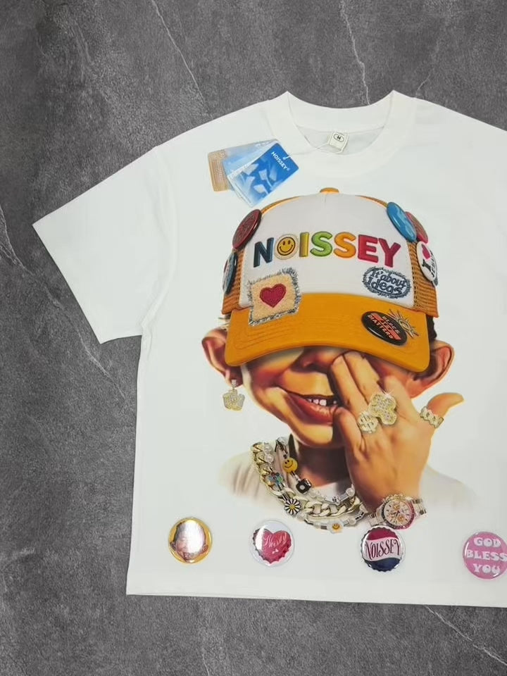 NOISSEY "Patchwork Bad Boy" Shimmering Jewelry Badge Cap Cartoon Portrait Oversized Tee