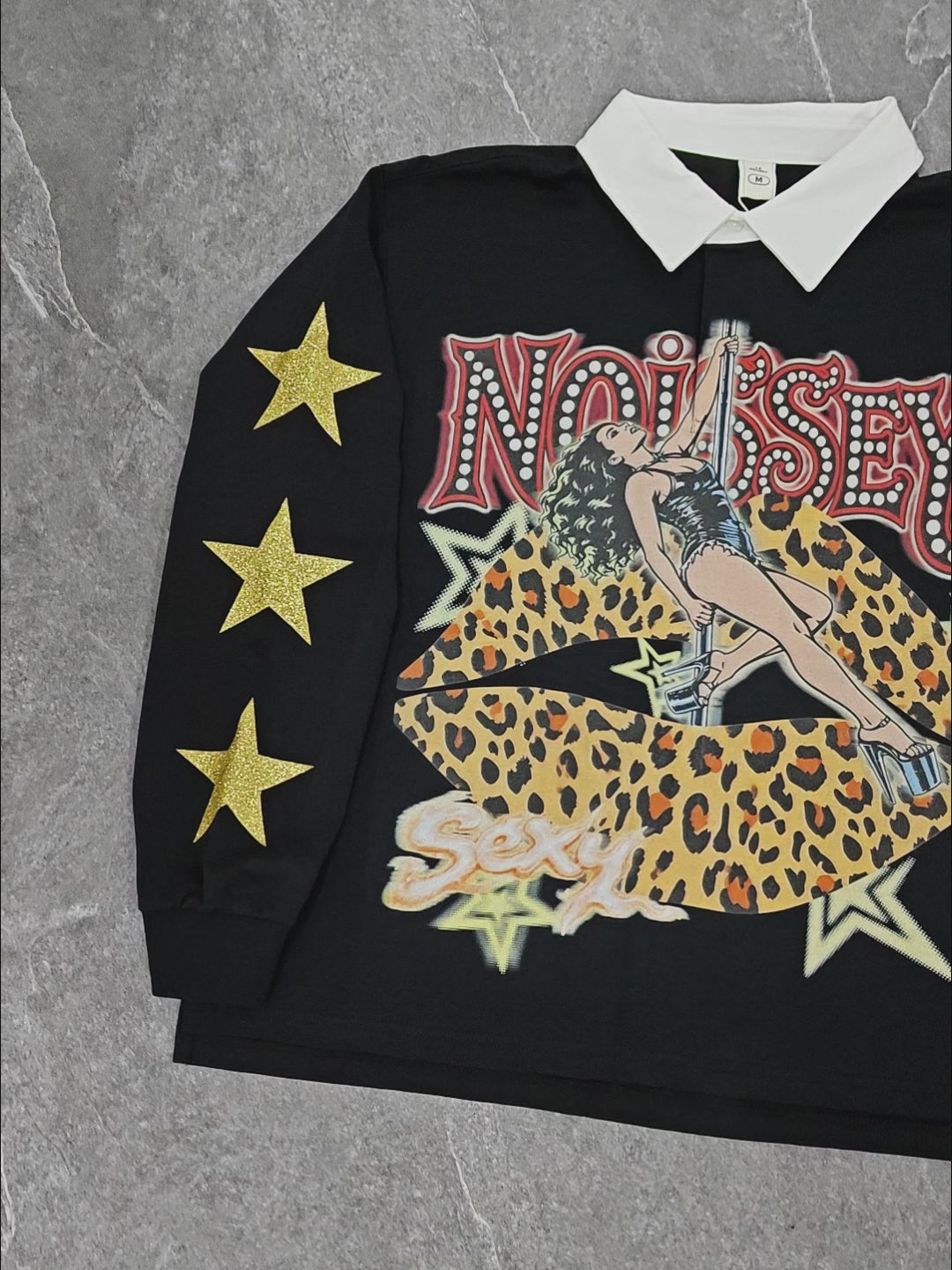 NOISSEY Leopard Pole Dancer Neon Light-Tube Graphic Heavyweight Contrast Collar Polo Long Sleeves