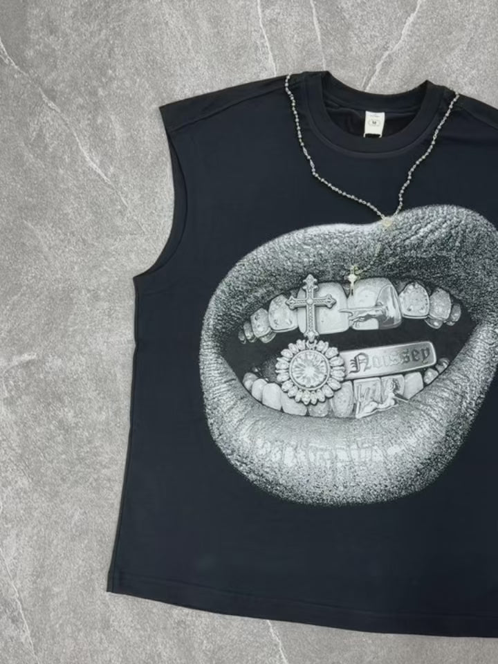 NOISSEY "Iced Grillz" Lip Graphic Boxy Vest (DIY Necklace) - Black Tank Top