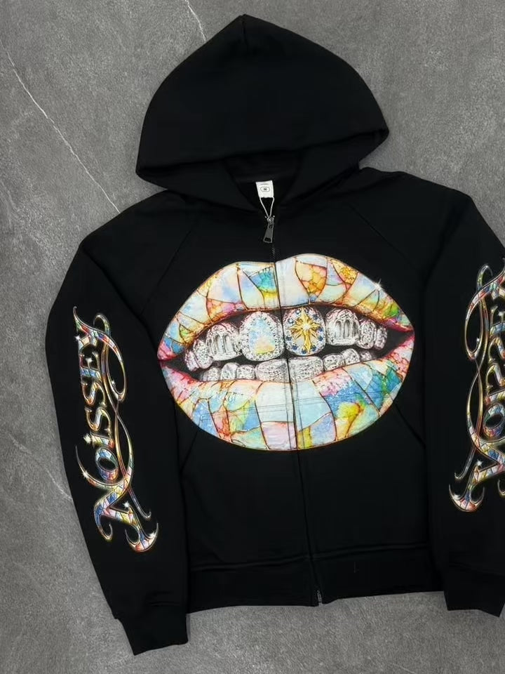 NOISSEY Stained Glass Lips & Diamond Grillz Cross Zip-Up Black Hoodie