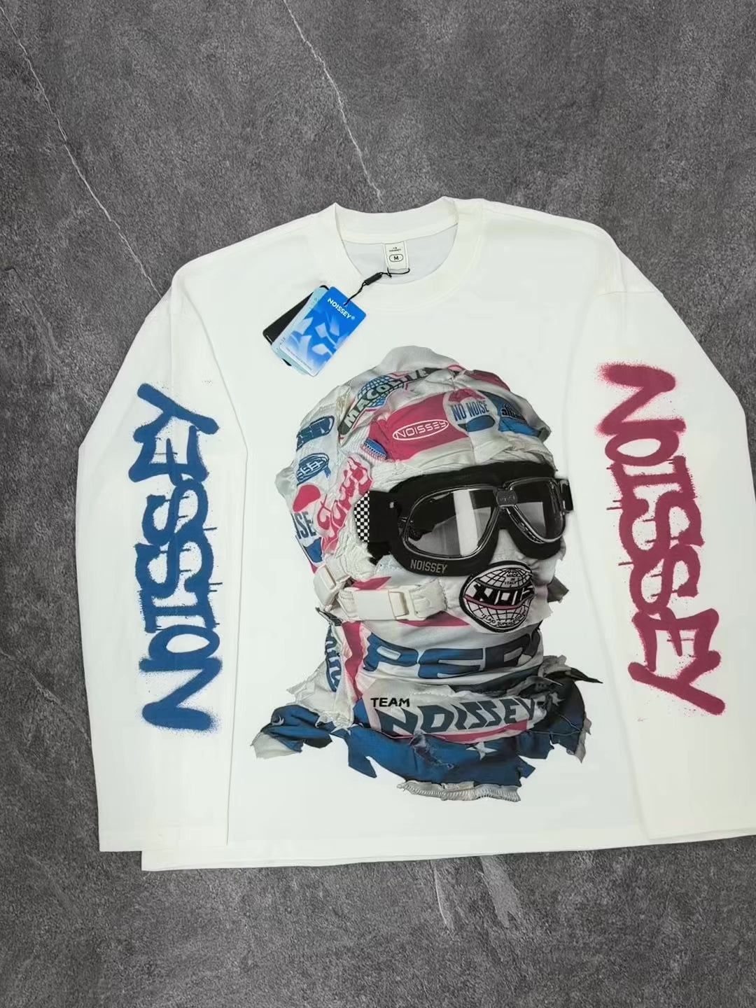 Camicia NOISSEY Speed Phantom Racing con maschera da corsa asimmetrica e graffiti, maniche lunghe - bianca