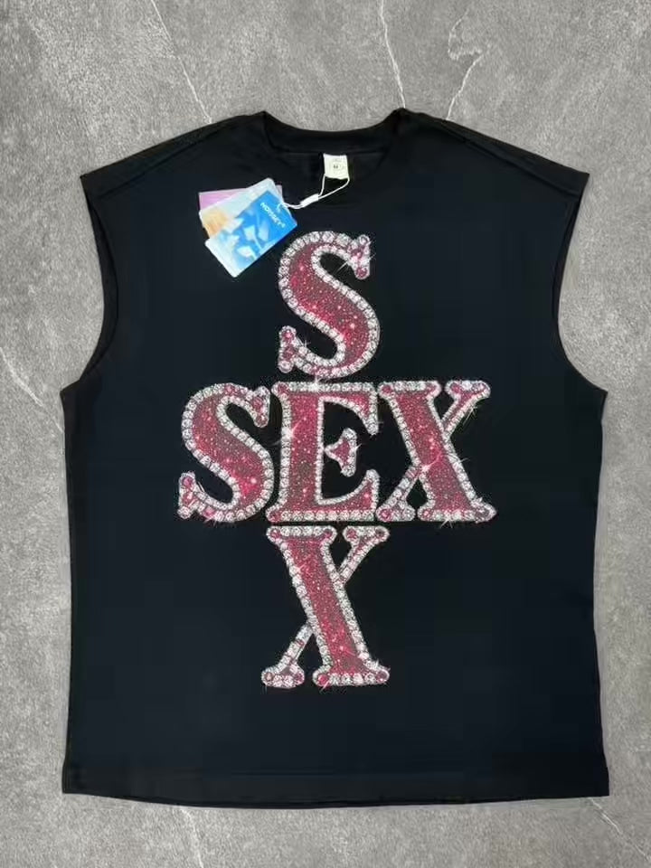 NOISSEY "SEX" Red Rhinestone Stacked Cross Graphic Loose Sleeveless Tank Top