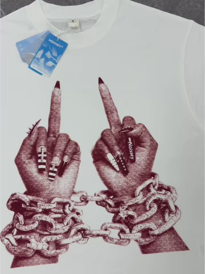 NOISSEY "Chained Rebellion" White Tee - Oversized Retro Red Graphic T-Shirt