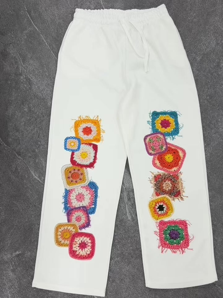 NOISSEY Granny Square Crochet Print Heavyweight Sweatpants - White Streetwear Pants