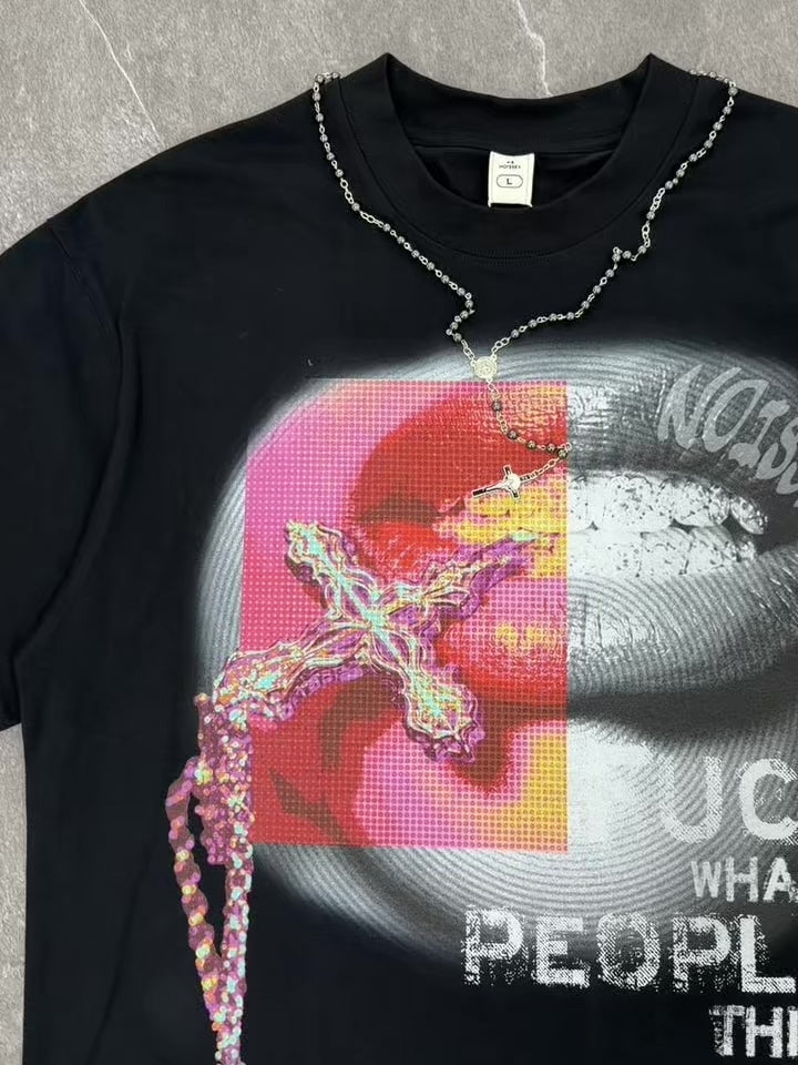 NOISSEY Cross Rosary Lips Pop Art Tee - Black Oversized Short Sleeve Shirt