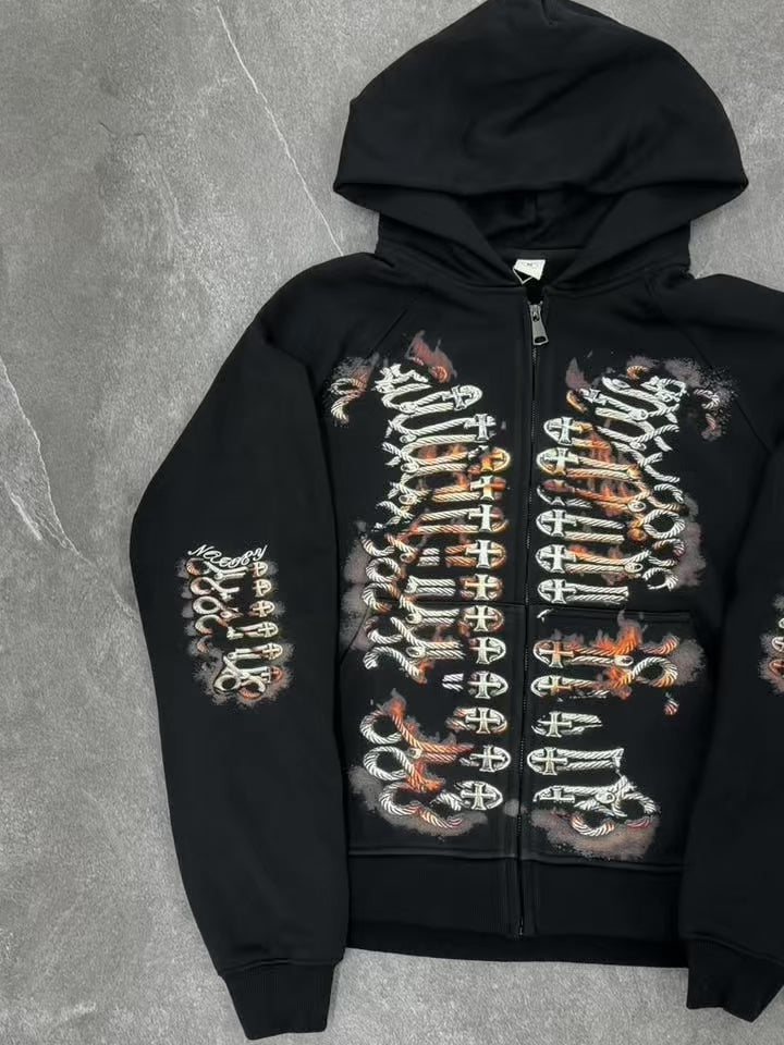 NOISSEY Flame Rope Cross Skeleton Zip-Up Hoodie - Pure Black