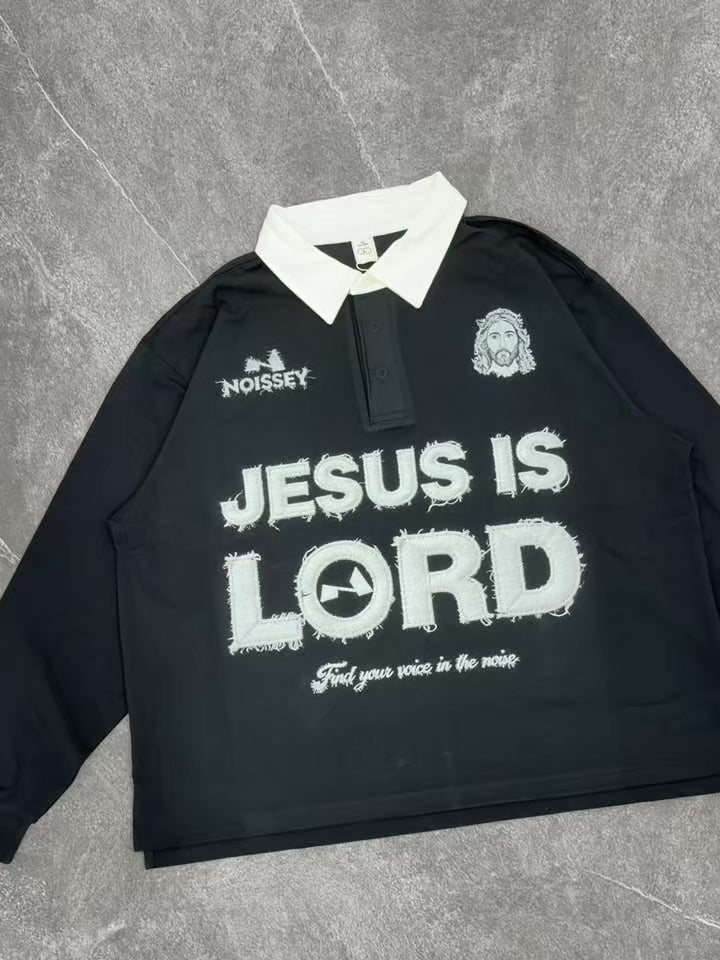 NOISSEY "JESUS IS LORD" Religious Art Polo Sweatshirt - Pitch Black