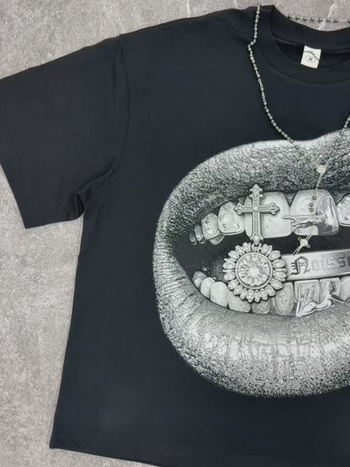 NOISSEY "Silver Grillz Lips" Black Tee - DIY Combo T-Shirt