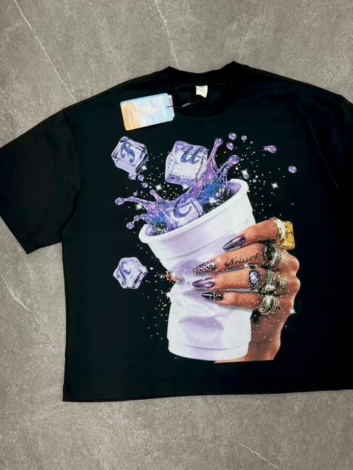 NOISSEY Purple Splash Leopard Nails Graphic Boxy Tee -  Black Streetwear T-Shirt