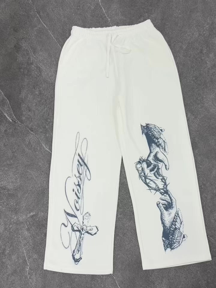 NOISSEY Thorn Hand Monochrome Art Heavyweight Sweatpants - White Streetwear Pants