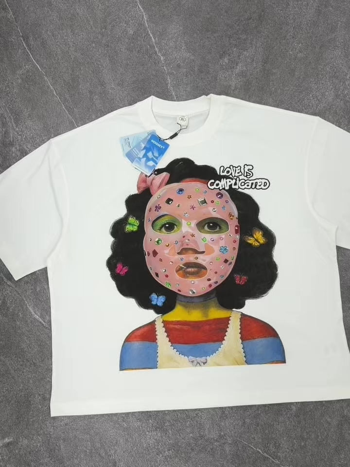 NOISSEY Bedazzled Face Mask Girl Graphic Boxy Tee - White Y2K Streetwear Shirt
