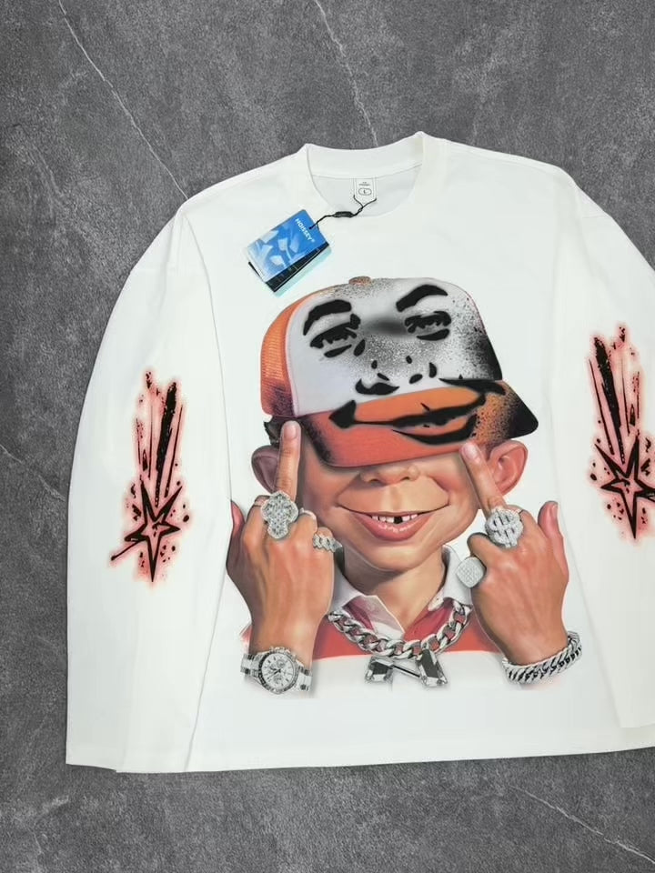 NOISSEY Orange Cartoon IP Graphic Heavyweight Long Sleeve Tee - Optic White Streetwear Shirt