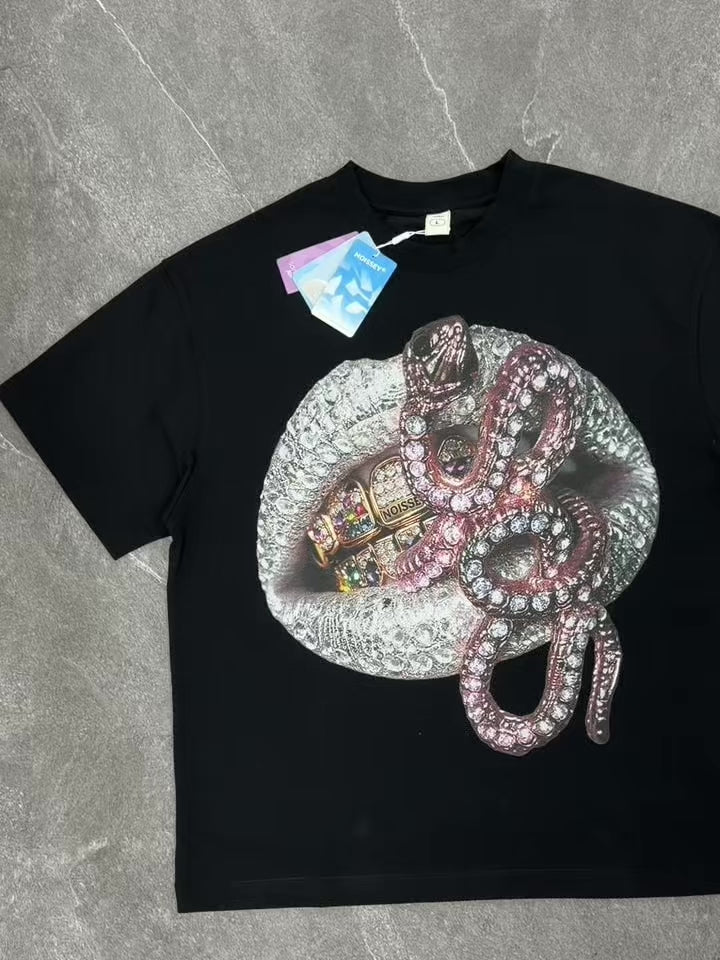 NOISSEY "Diamond Lips & Python" Grillz & Pink Rhinestone Snake Graphic Oversized Tee