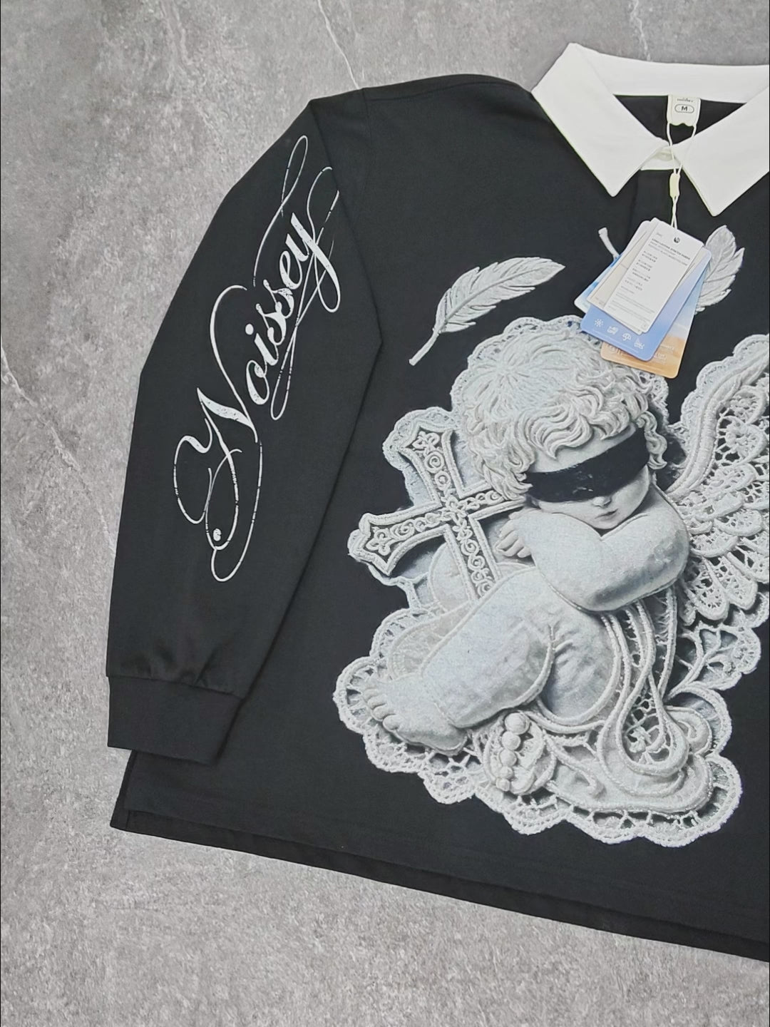 NOISSEY Faux-Lace Blindfolded Angel Cross Graphic Heavyweight Contrast Collar Polo Long Sleeves