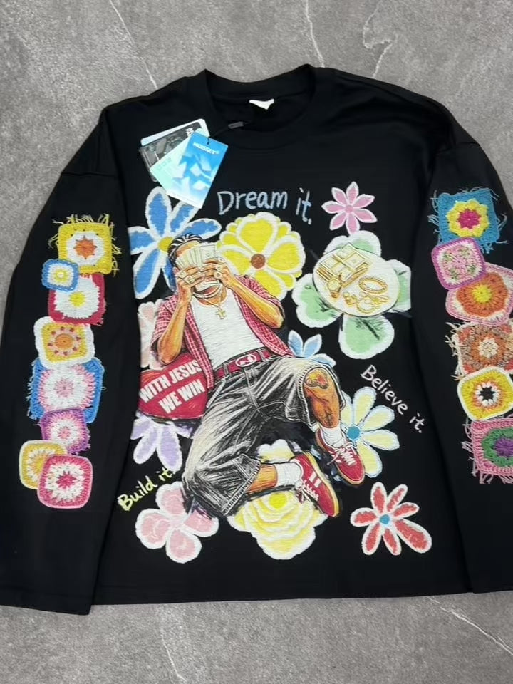 NOISSEY "Dream & Win" Fake Crochet Patchwork Floral & Cash Portrait Graphic Long Sleeve Tee Two Colors