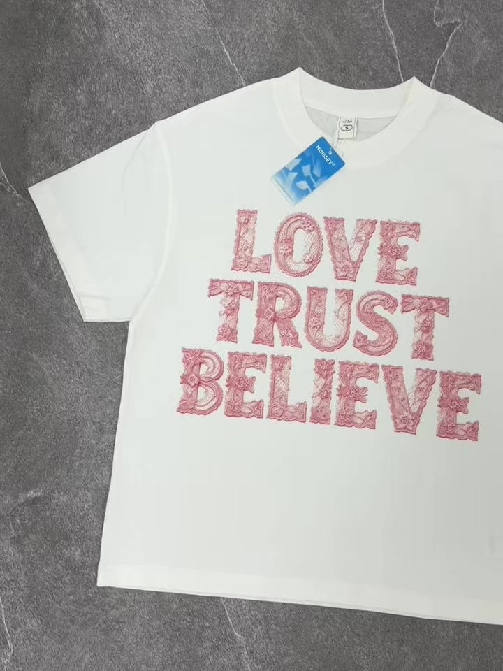 NOISSEY "Lace Romance" Tactile Flower Texture LOVE TRUST BELIEVE Oversized Tee