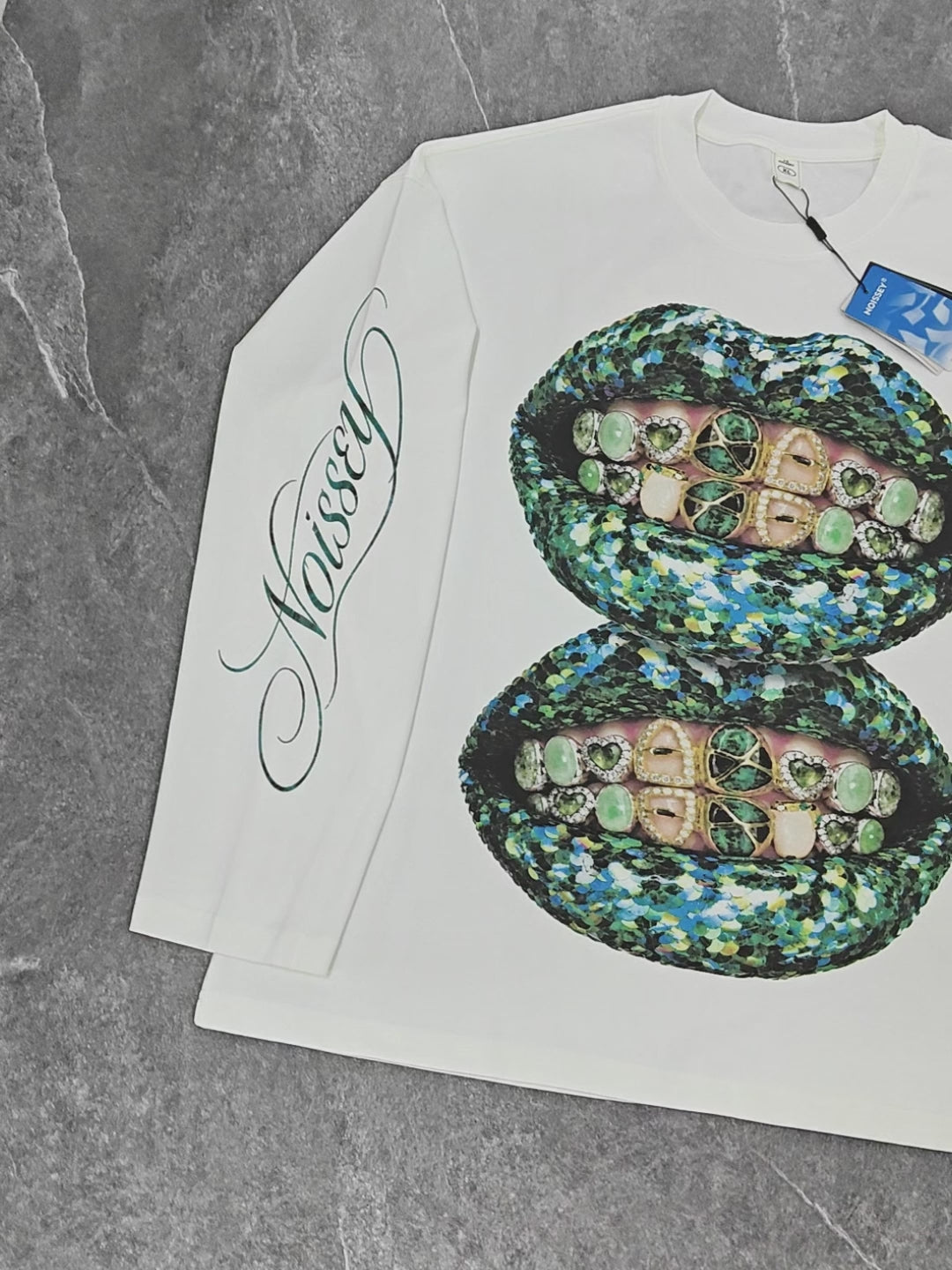 NOISSEY Double Green Glitter Lips Marble Grillz White Long Sleeve Shirt