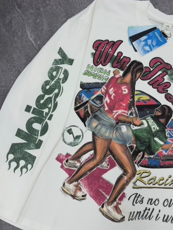 NOISSEY ""Win the Day" Racing Culture Figure Graphic Long Sleeve T‑Shirt