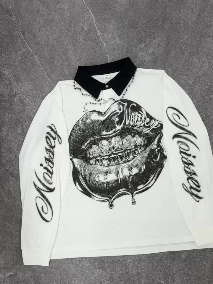 NOISSEY Liquid Chrome Iced-Out Lips Contrast Collar Polo Sweatshirt