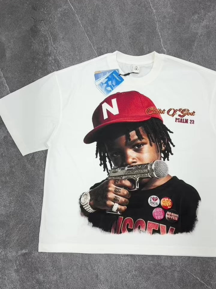 NOISSEY "Child Of God" Engraved Mic Pistol Graphic Boxy Oversized T-Shirt