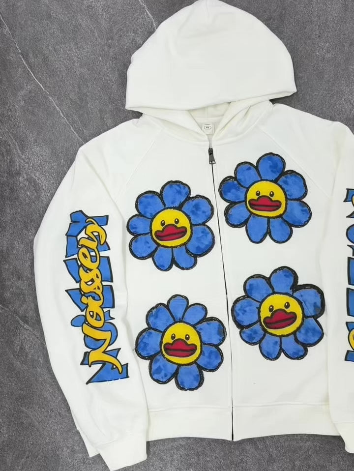 NOISSEY Blue Flower Little Yellow Duck Graffiti Smiley Zip-Up Hoodie