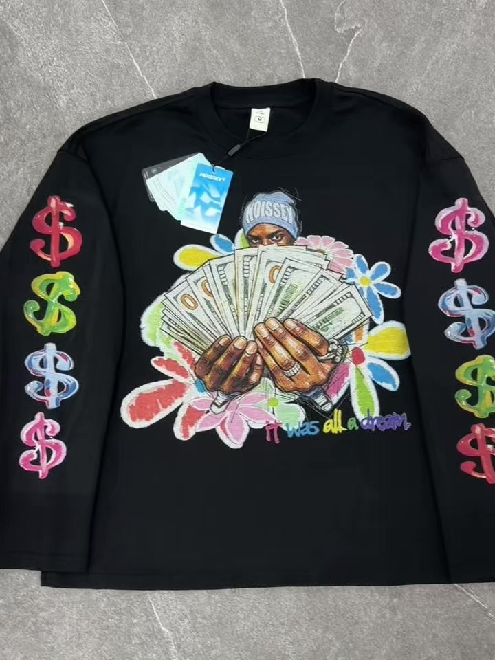 NOISSEY "It Was All A Dream" Hand-Drawn Cash Portrait & Graffiti Flowers Long Sleeve Tee Two Colors