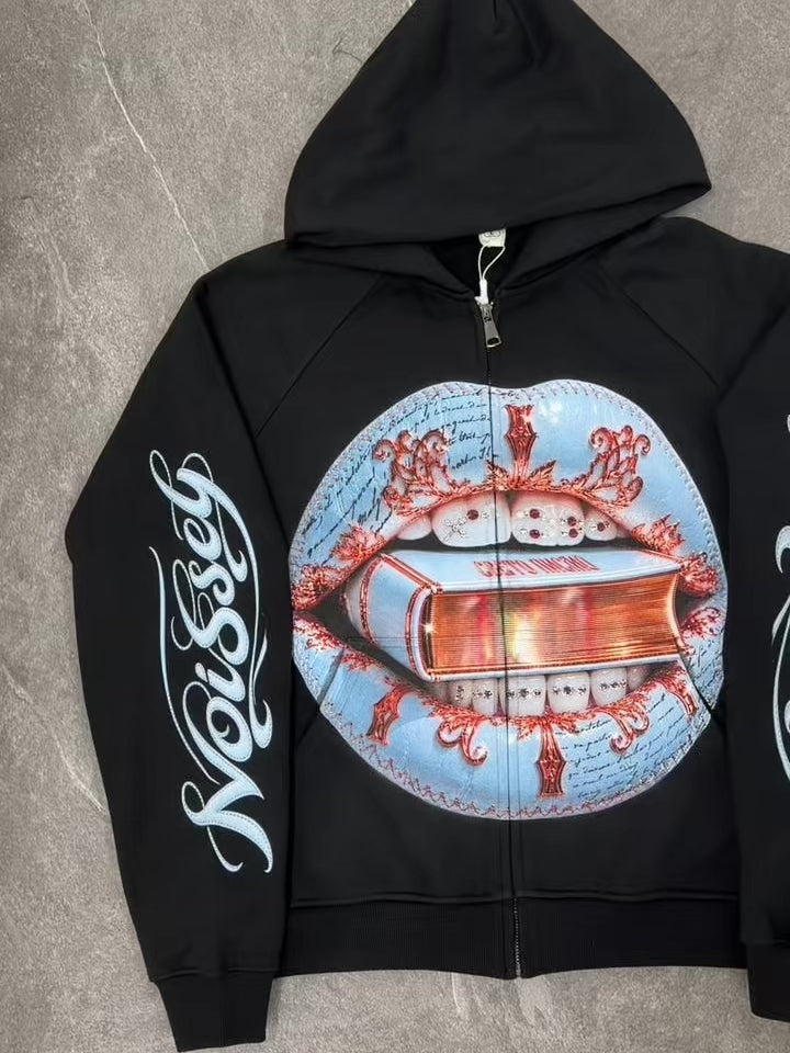 NOISSEY Light Blue Stitched Leather Lips & Holy Scripture Bible Zip-Up Black Hoodie