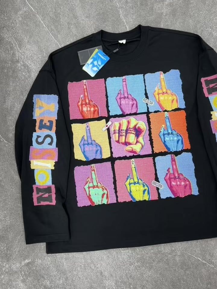NOISSEY Pop Art Grid Middle Finger &amp; Manicure Graphic Long Sleeve Tee