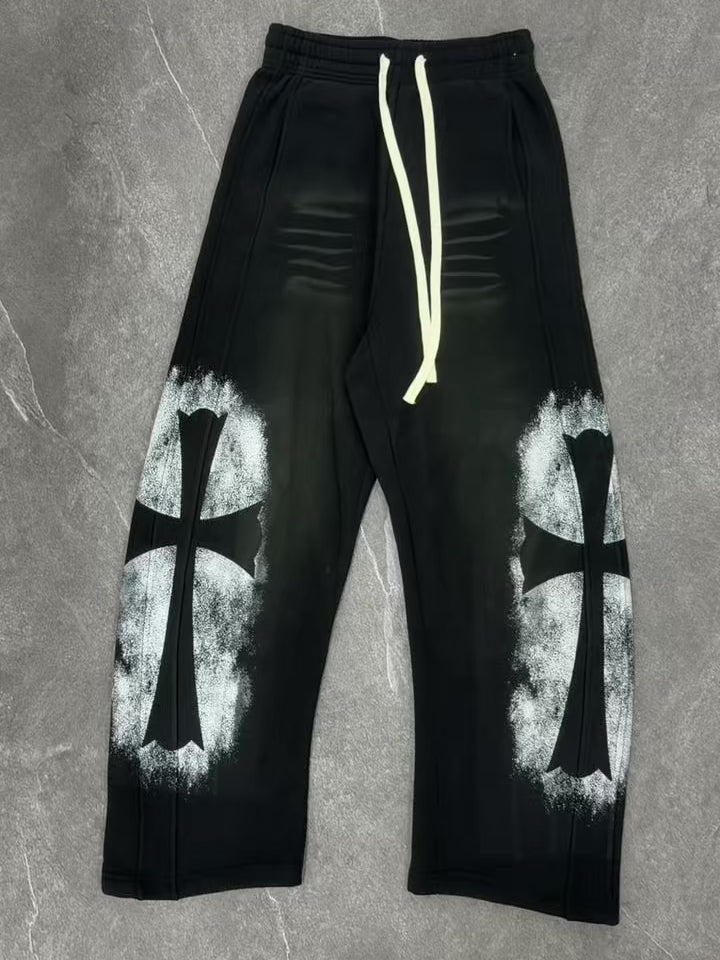 NOISSEY "Gothic Cross" Distressed Curved Black Long Pants