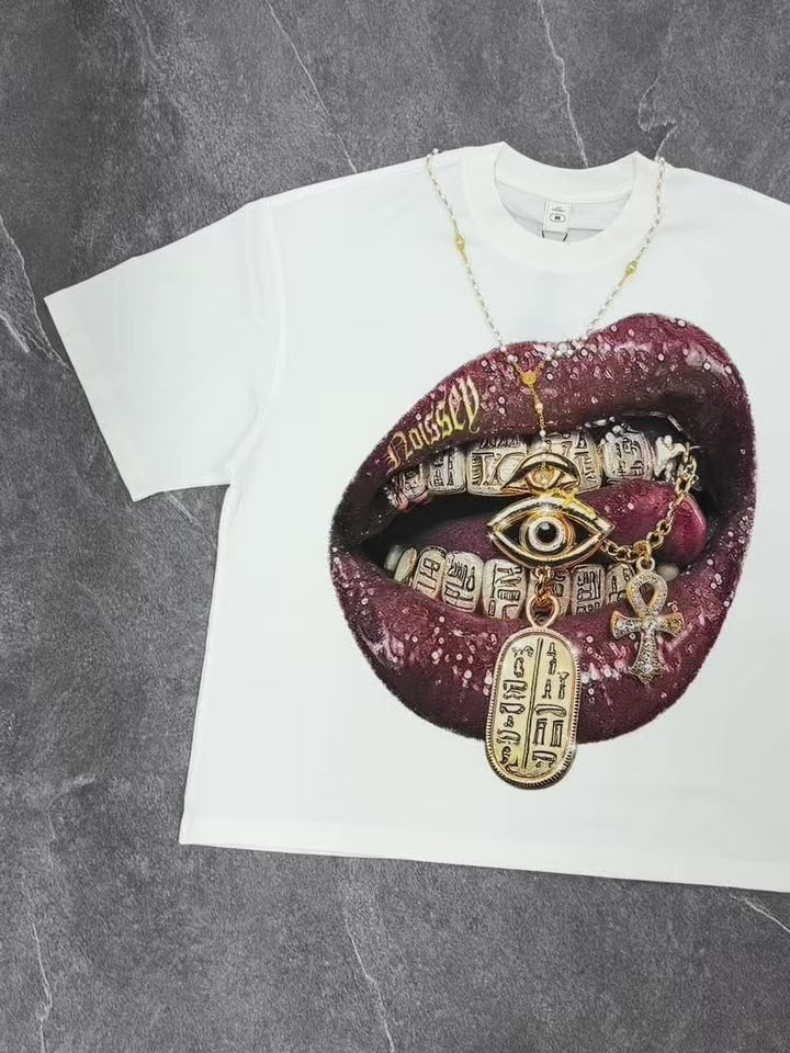 NOISSEY "The Golden Oracle" Wet-Gloss Lips Pharaonic Hieroglyphic Grills Oversized Tee