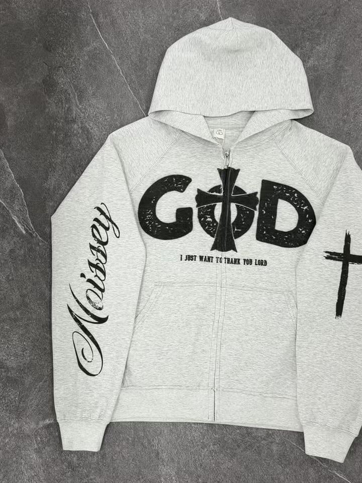 NOISSEY God Cross Religious Distressed Graphic Heavyweight Zip-Up Hoodie - Heather Gray Streetwear Sweatshirt