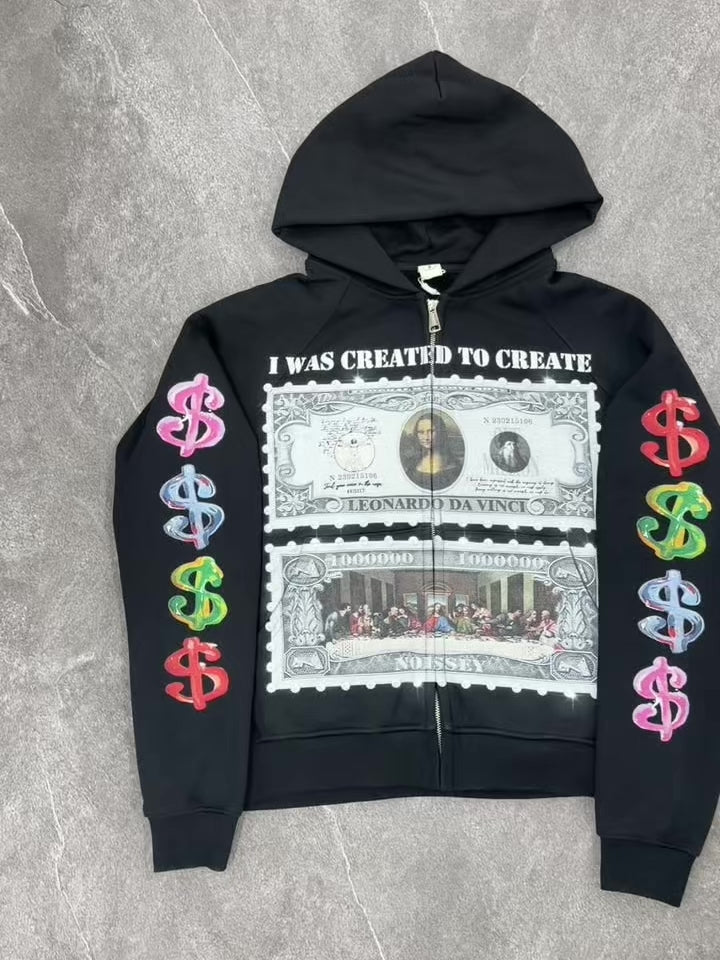 Felpa con cappuccio NOISSEY con grafica del timbro del dollaro sul capolavoro di Da Vinci e chiusura integrale con cerniera - Nero corvino