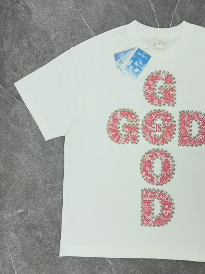 GOD IS GOOD! Lace Pearl Edge Printed T-shirt