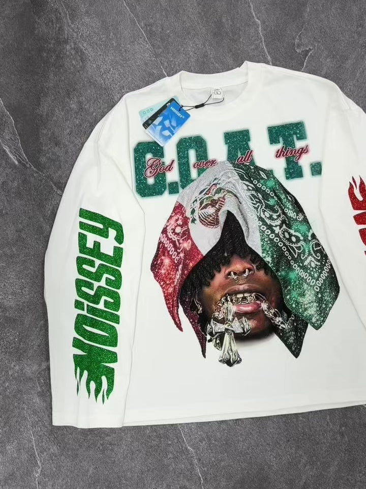 NOISSEY "Sovereign G.O.A.T." Sparkling Dual-Tone Paisley Bandana Biting Cross Heavyweight Long Sleeve