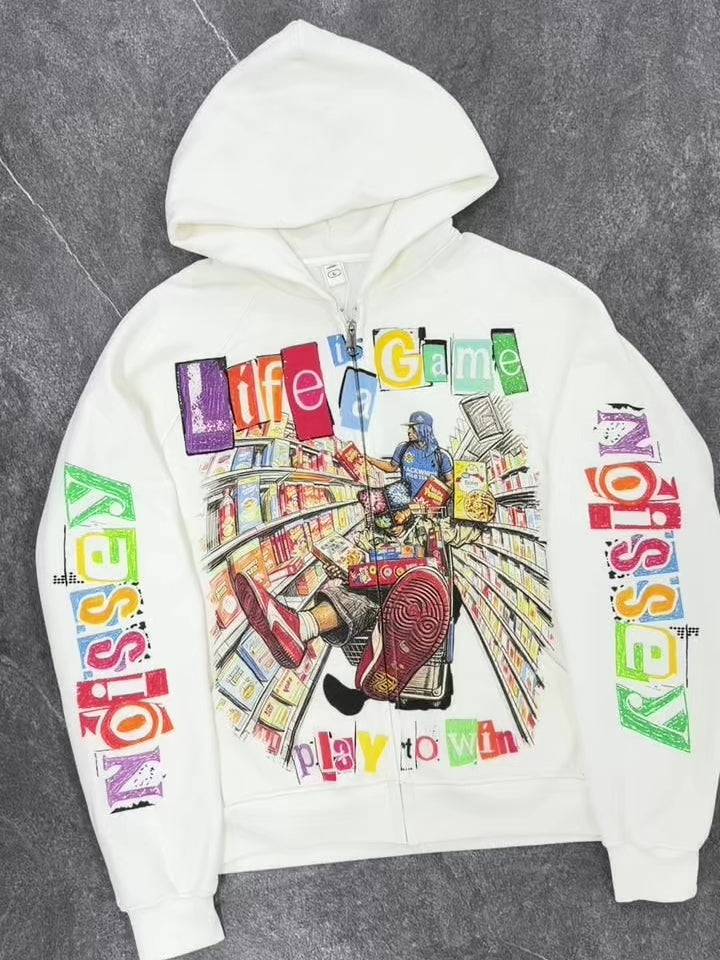 NOISSEY Pop-Art Supermarket Collage Full-Zip Hoodie - White / Black Streetwear Hoodie