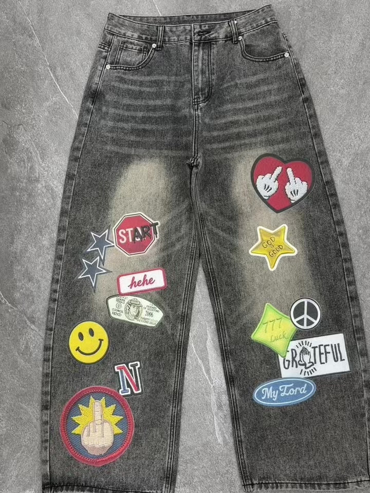 NOISSEY "Urban Collage" Distressed Wide-Leg Denim Jeans