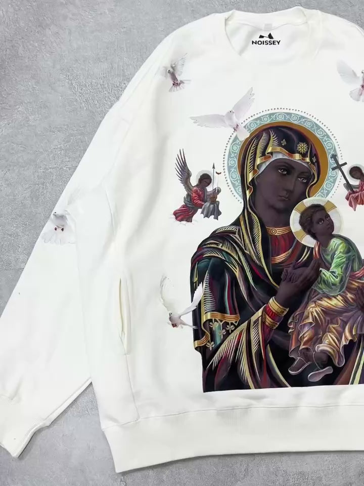 GROSSE GRÖSSEN – Madonna und Kind weißes Rundhals-Sweatshirt