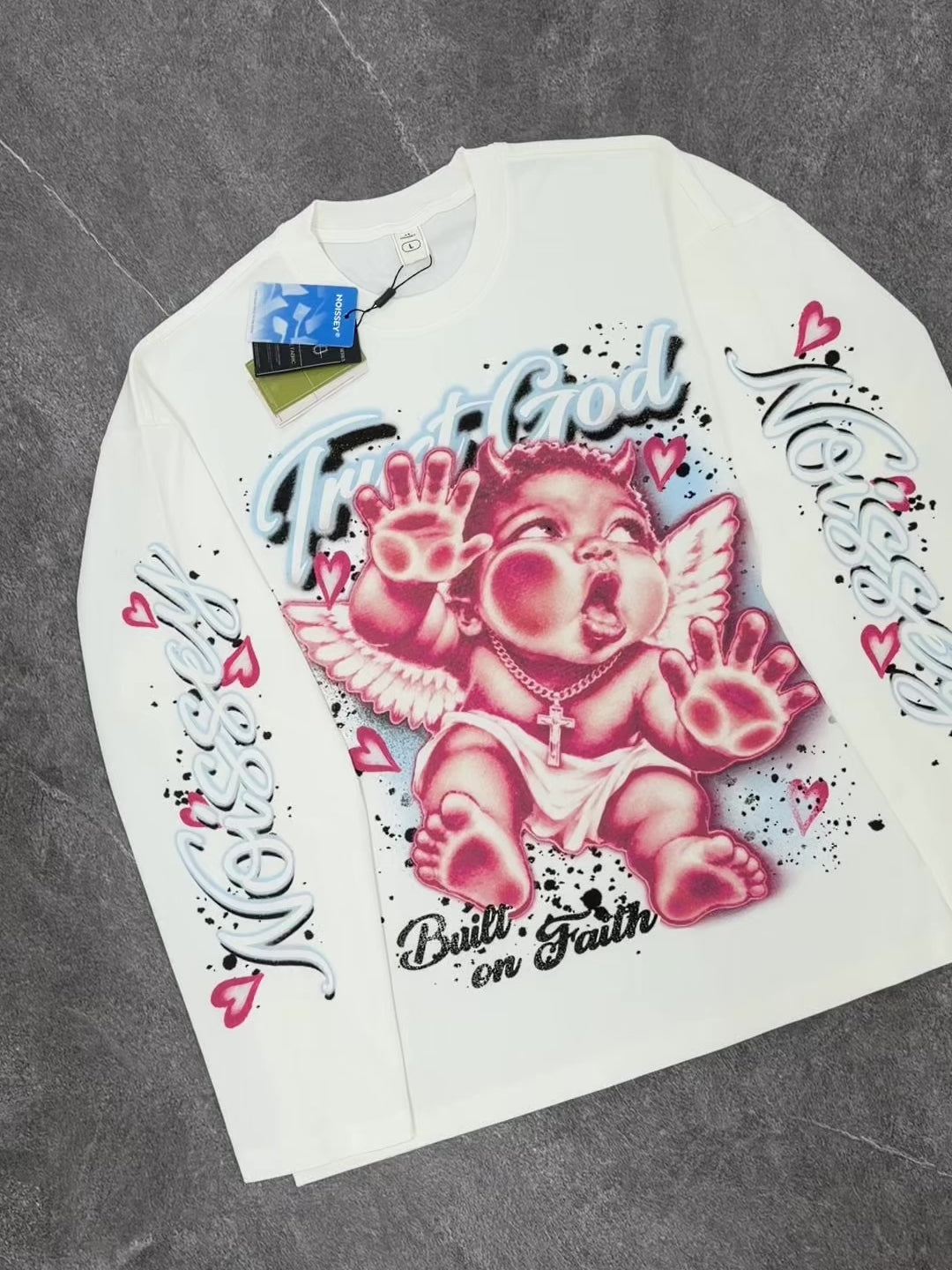 NOISSEY "Trust God &amp; Built on Faith" Airbrushed Pressed Angel White Long Sleeve Shirt