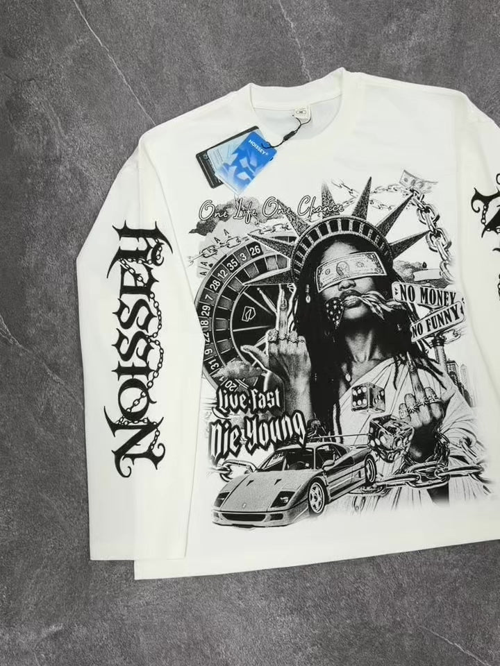 NOISSEY Liberty & Luxury Sports Car Graphic Long Sleeve Sweatshirt (Crisp White)