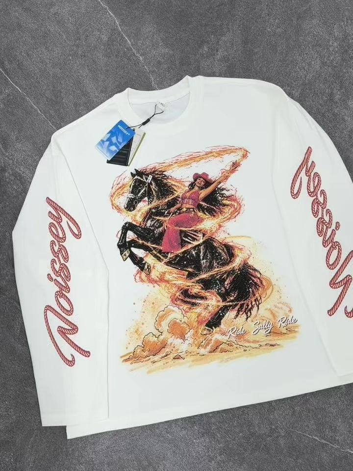 NOISSEY Wild Ride Cowboy Girl Flame Tornado Graphic Long Sleeve Tee – White