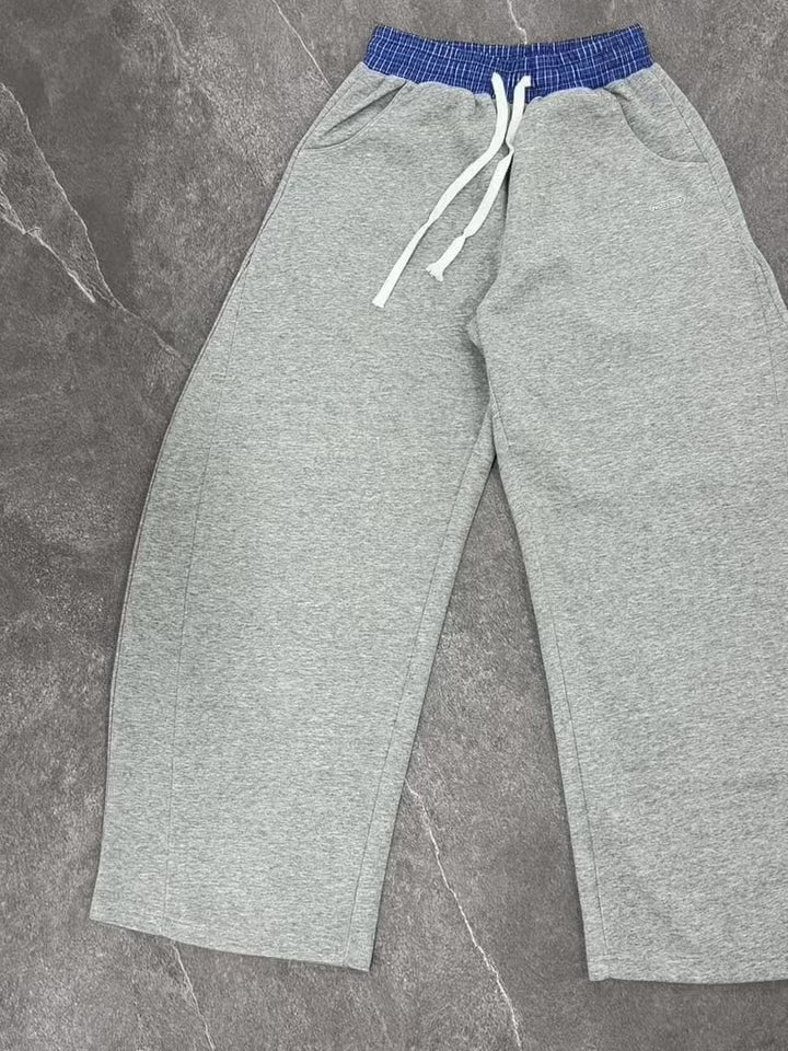 NOISSEY Plaid Waistband Curved Leg Sweatpants - Heather Grey Streetwear