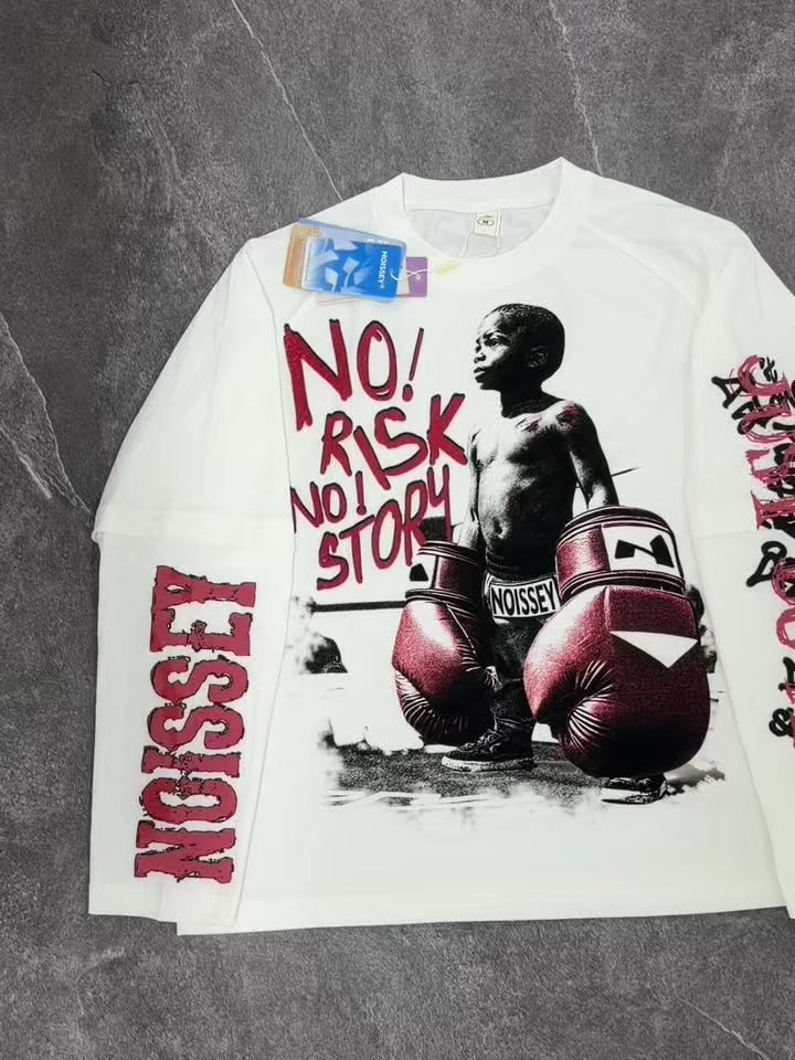 NOISSEY Boxer Boy Graffiti Fake-Two-Piece Heavyweight Long Sleeve Tee White